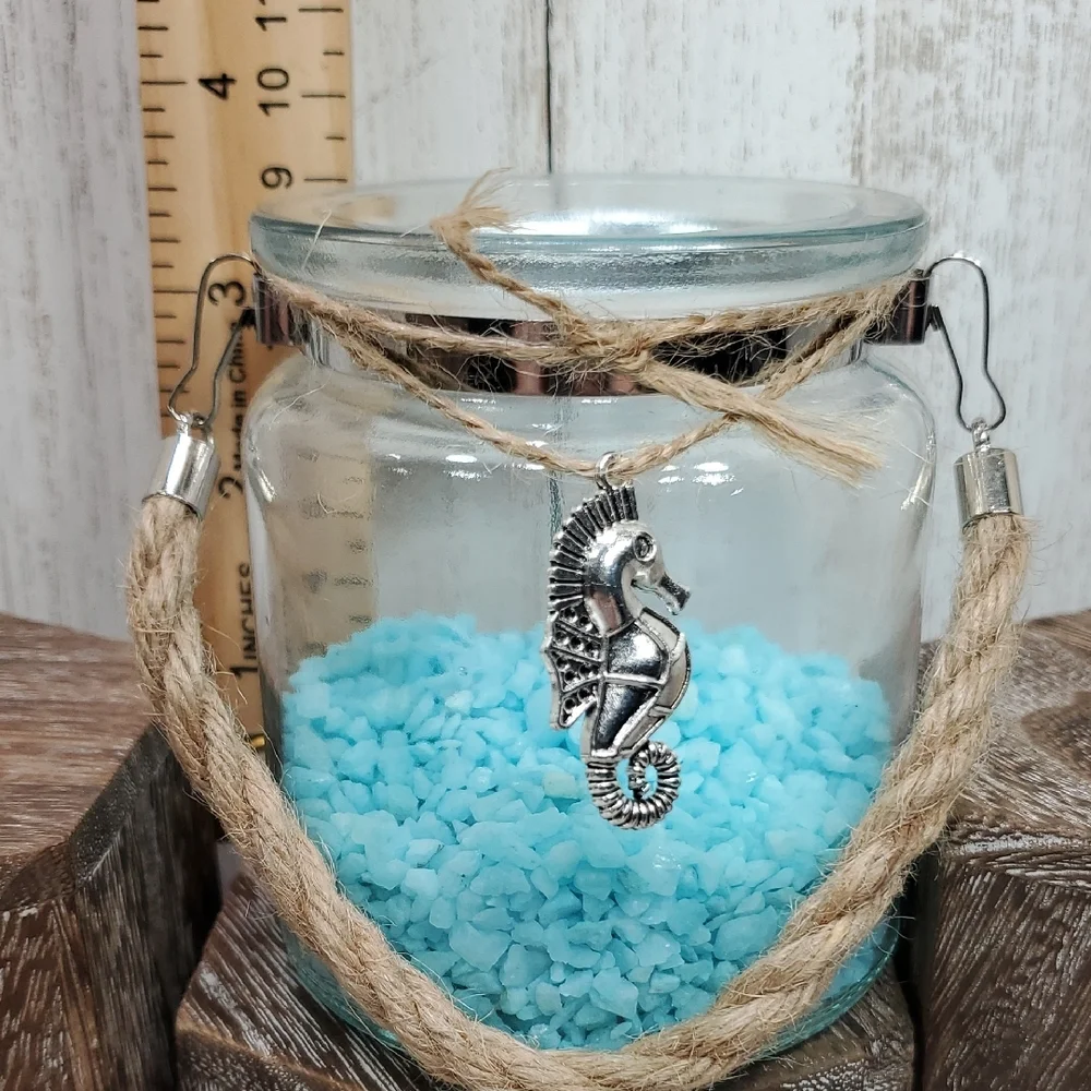 Silver Seahorse Charm Glass Jar Vase Twine Handle with Aqua Pebble Rocks